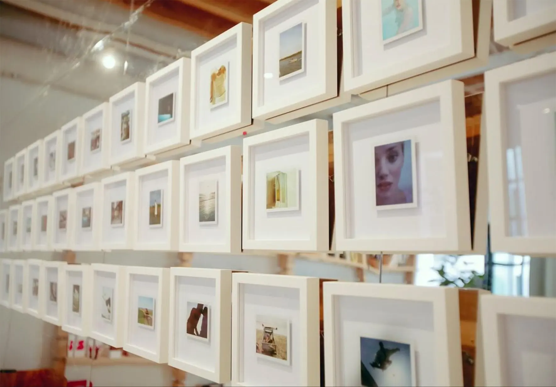 A wall of small framed photographs at Alchemy Works