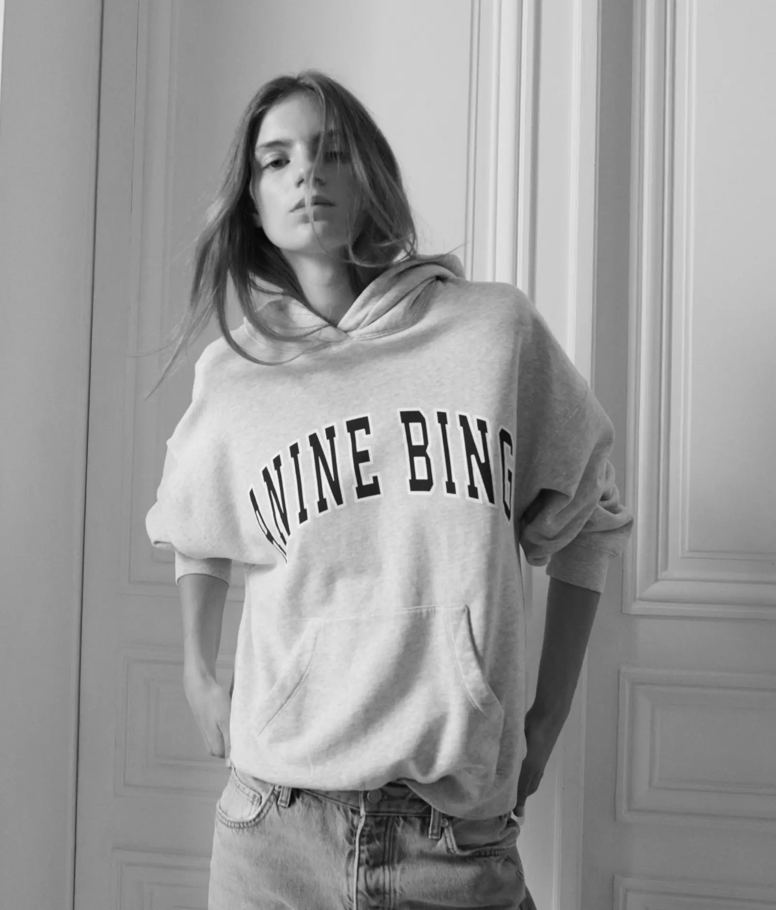 A grey Anine Bing logo hoodie