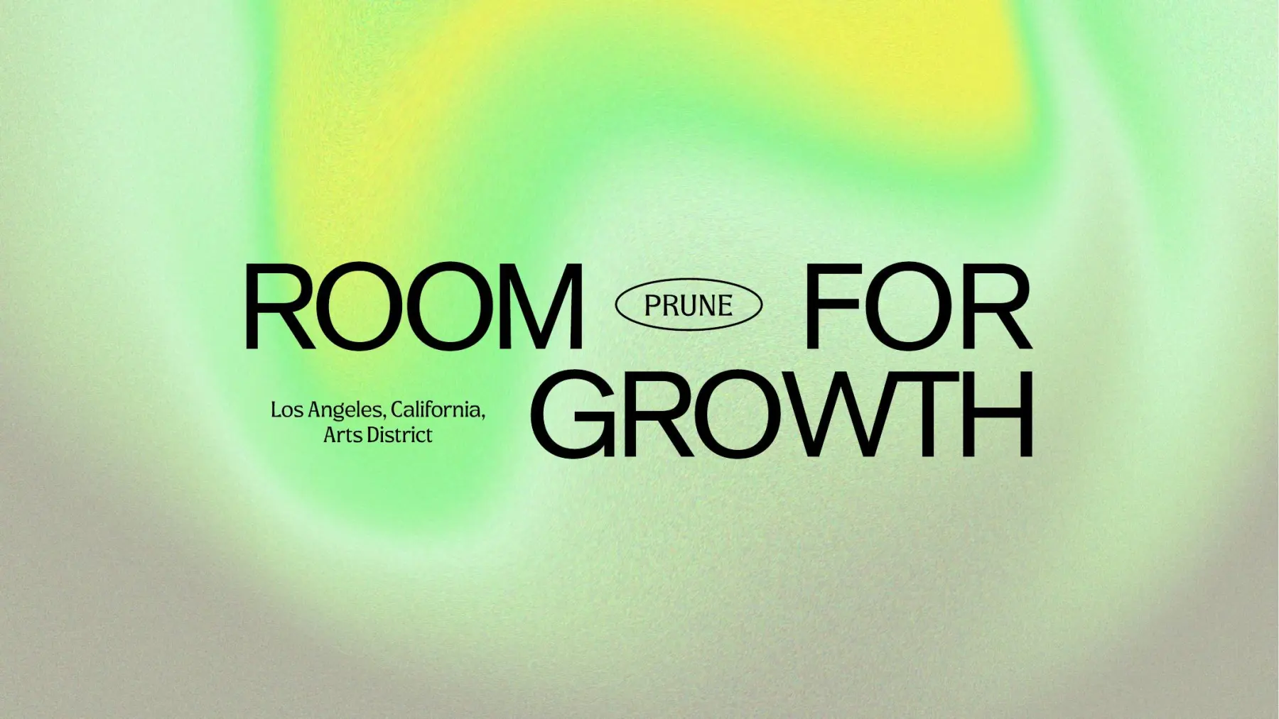 A green gradient graphic reading Room for Growth, Prune hair studio